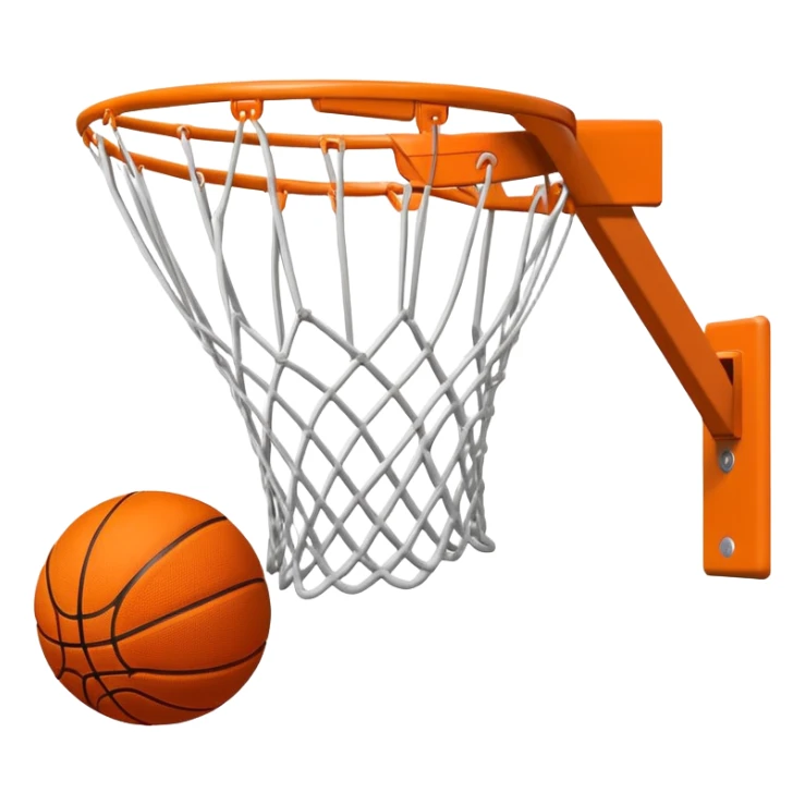 Minimalist orange Spalding basketball going through a white basketball net, swishing through hoop, iOS emoji style sticker