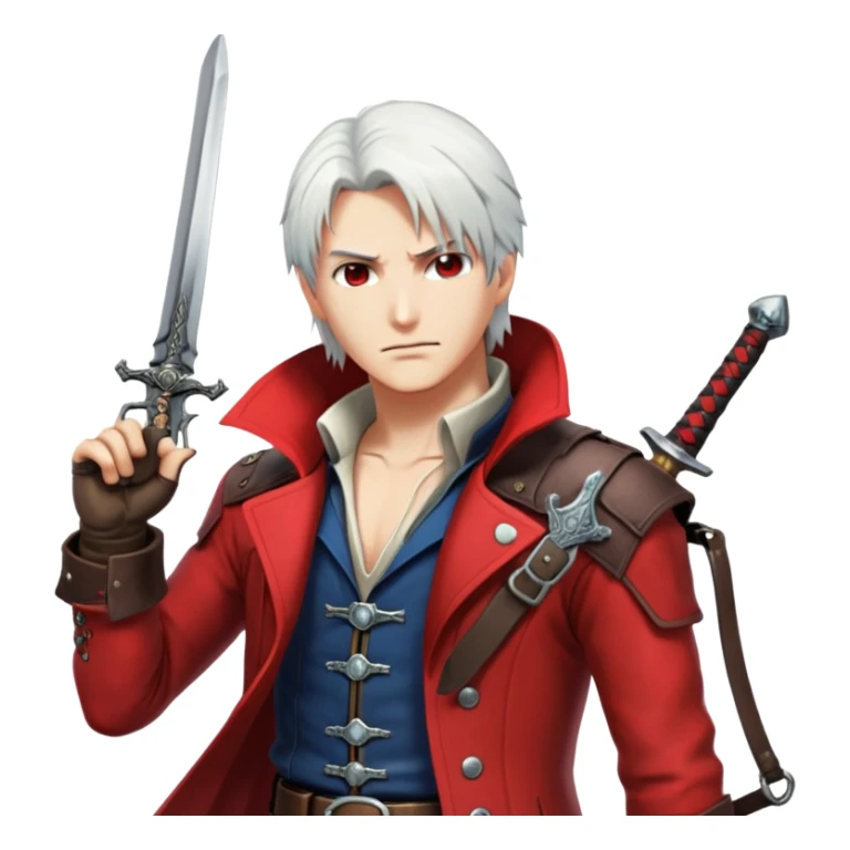 Dante from Devil May Cry with white hair, red coat, sword and pistols sticker