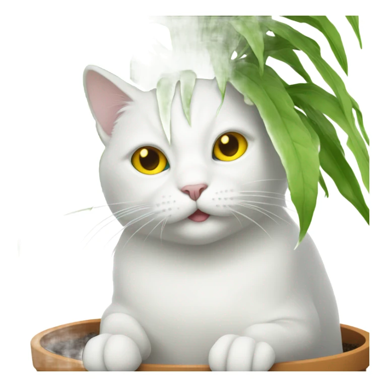 White cat sitting in a plant pot, yellow eyes sticker