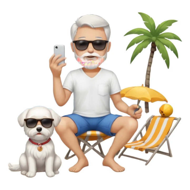 white man grey hair beard holding a white Maltese sitting on a beach full body sticker