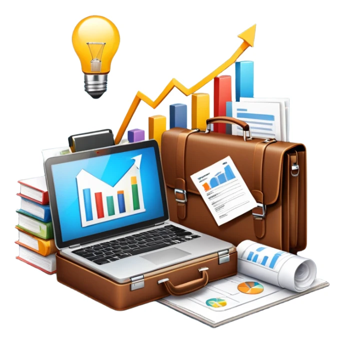 An icon showing a briefcase, a stack of documents, and a rising bar chart, representing business and entrepreneurship. The design features a laptop and a lightbulb, symbolizing innovation and strategy. Transparent background highlights the dynamic world of business growth and leadership. sticker