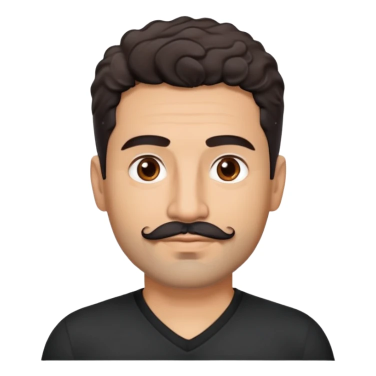 Hispanic man in his 40s with light cinnamon skin. Structured face with defined jawline. Calm brown eyes. Natural thick eyebrows. Connected mustache and chin beard (goatee) in black with a few gray hairs. Short curly dark hair. Wearing a black V-neck t-shirt. sticker