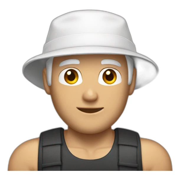A white hair man wearing backwards hat and tank top and muscles sticker