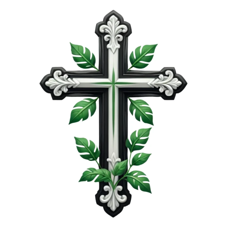 a black and white detailed cross with leaves over the top sticker
