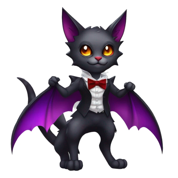Cute-Evil-Vampiric-Batty-Cat-Black-Purple-Red-Grey-White-Yellow-Contrast-Colors-Fantasy-Fur-Sona-Chibi-Shiny-Fakémon-Hybrid with horns and big fangs neck bow tie leg spats full body sticker