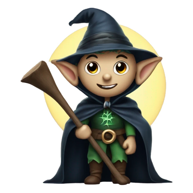 Elf dark sorcerer with a crescent moon hat, holding a bat, Halloween theme, emoji sticker