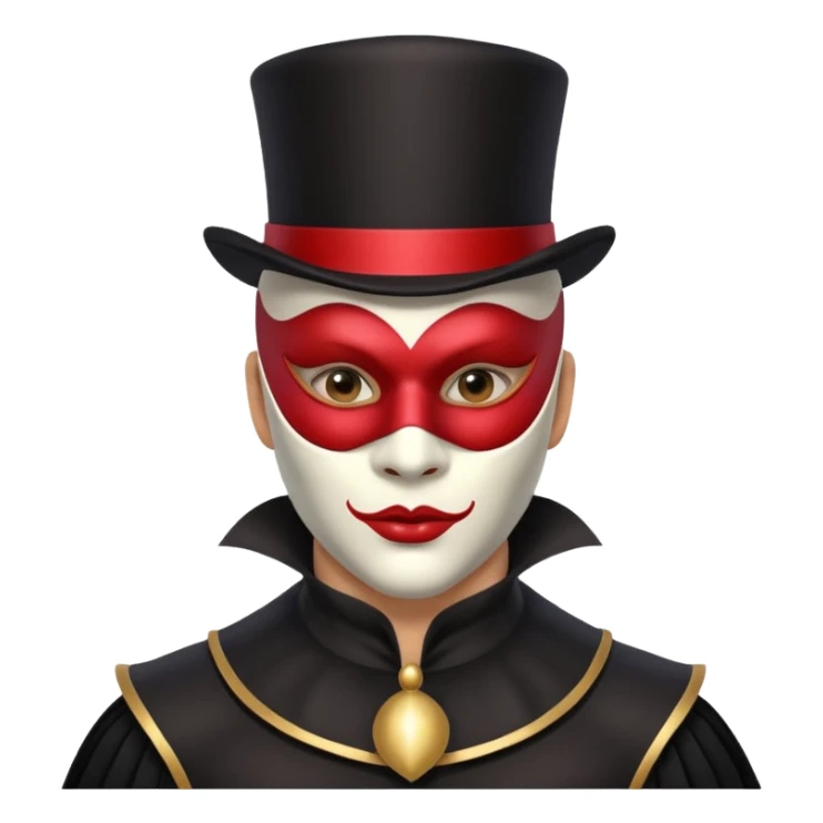 masked circus acrobat portrait, head and shoulders only, elegant carnival mask, dark outfit collar, dramatic expression, 3D cartoon, mobile game icon style, clean background, no text, no watermark
 
 sticker
