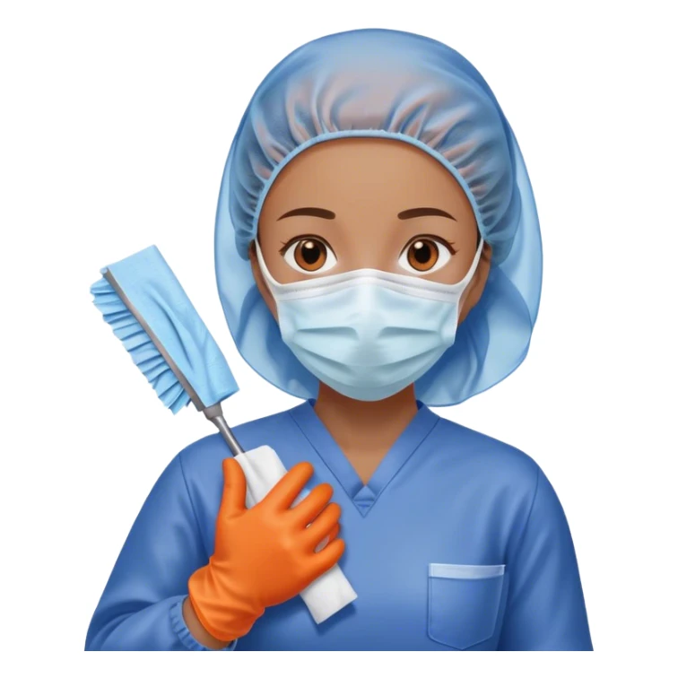 A meticulous cleanroom worker dressed in full protective gear, including a blue sterile suit, a face mask,  and orange gloves.  wipe  in her hand. sticker
