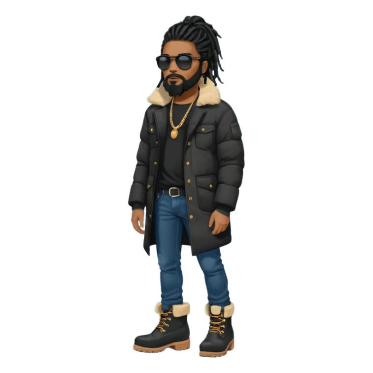 African American man with shoulder length black dreadlocks with black beard wearing black sunglasses wearing a black bubble winter coat wearing denim skinny jeans wearing wheat timberland boots thinking sticker