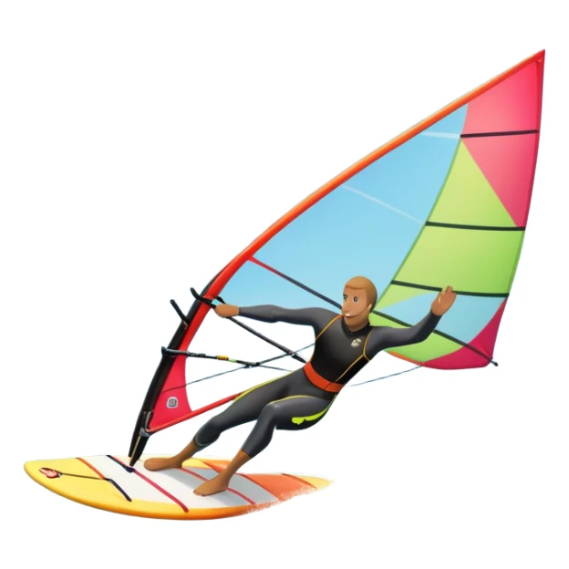 A windsurfer gliding across the ocean, with a vibrant sail catching the wind. The scene captures the motion of the board riding the ocean waves, surrounded by the bright blue sky and ocean, symbolizing the excitement and skill required in the sport of windsurfing. sticker