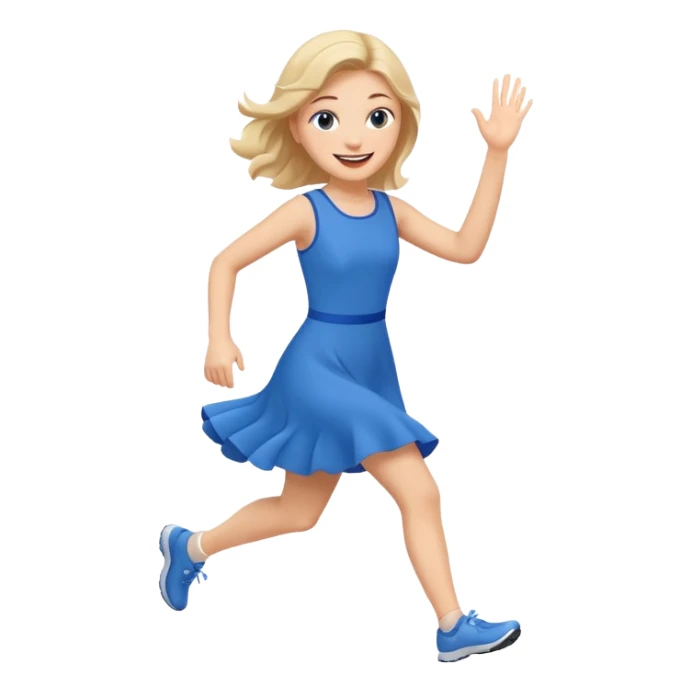 A girl in a blue dress runs and waves hello sticker