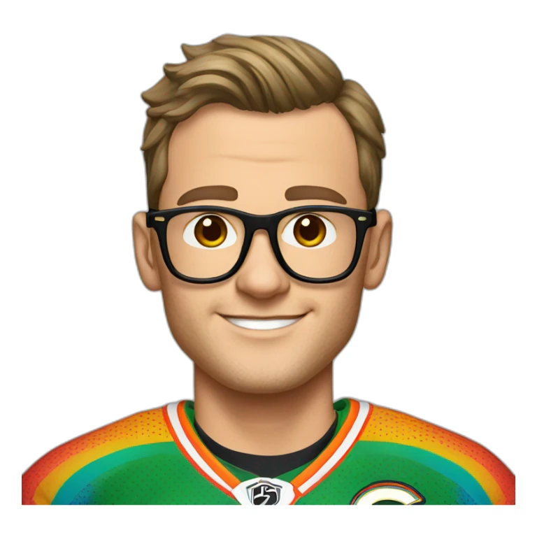 Jonathan Toews wearing glasses and rainbow clothes sticker