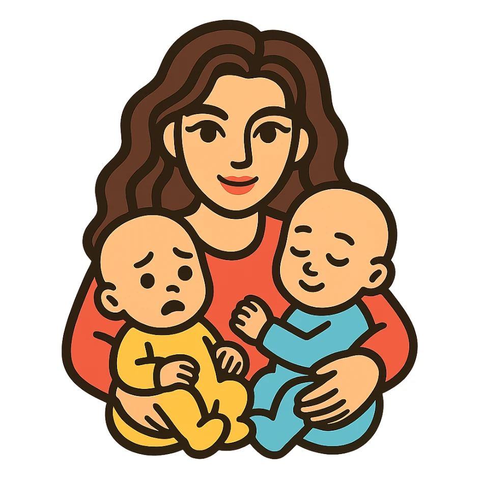 Create a variation of a woman with two infants showing different emotions on the infants' faces. The woman has detailed facial features, expressive eyes and lips with shadows and highlights, and long wavy hair. The style is icon-color-outlined with a retro sticker vibe. The background should be transparent. sticker