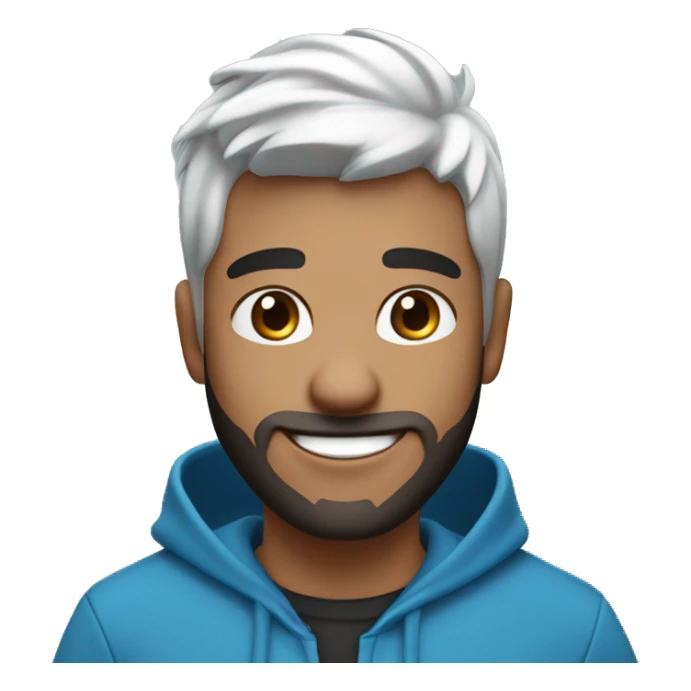 A cheerful young male digital avatar with white skin, large brown eyes, black medium pompadour hairstyle, beard medium , a bright smile, and a mole on the left cheek, wearing a blue hoodie. with laptop  sticker