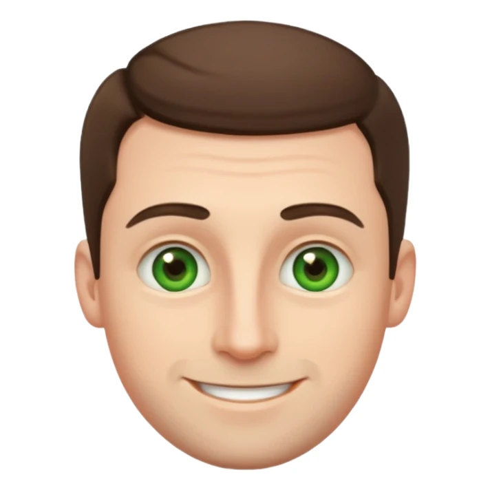white man, 30 years old, white skin, round face, wide nose, big eyebrows, no beard, very short brown hair, green eyes, emoji style sticker