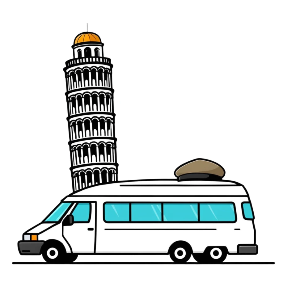 White colour van with big flat cap crashing into Pisa tower sticker