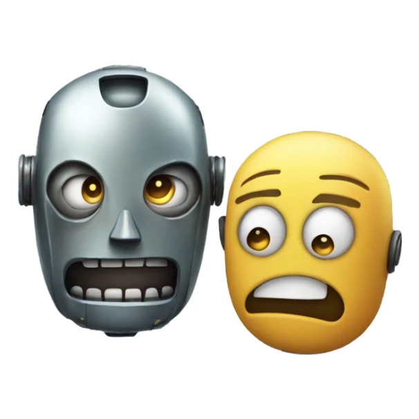 Two robots with menacing grins, looking down at a small human figure with a worried expression. sticker