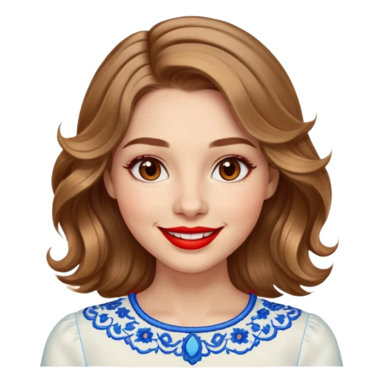 Cheerful woman with clear skin, round face, wide friendly smile, big light brown eyes, vibrant red lipstick, shoulder-length wavy dark blonde hair with light highlights, white top with blue embroidery and electric blue neckline sticker