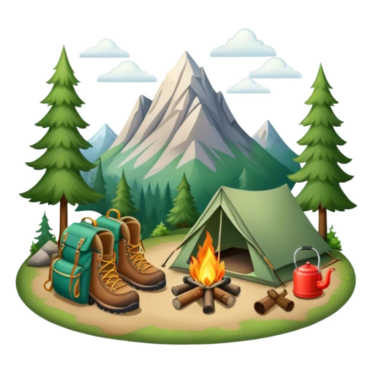 Icon for Hiking: a pair of hiking boots, a backpack, a walking stick, a tent, and a kettle over a campfire, surrounded by trees and a mountain trail. The icon should capture the adventure and warmth of camping. Transparent background. sticker
