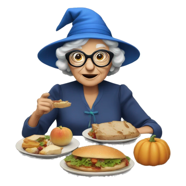 smart granny witch with glasses and blue hat lunching with friends sticker