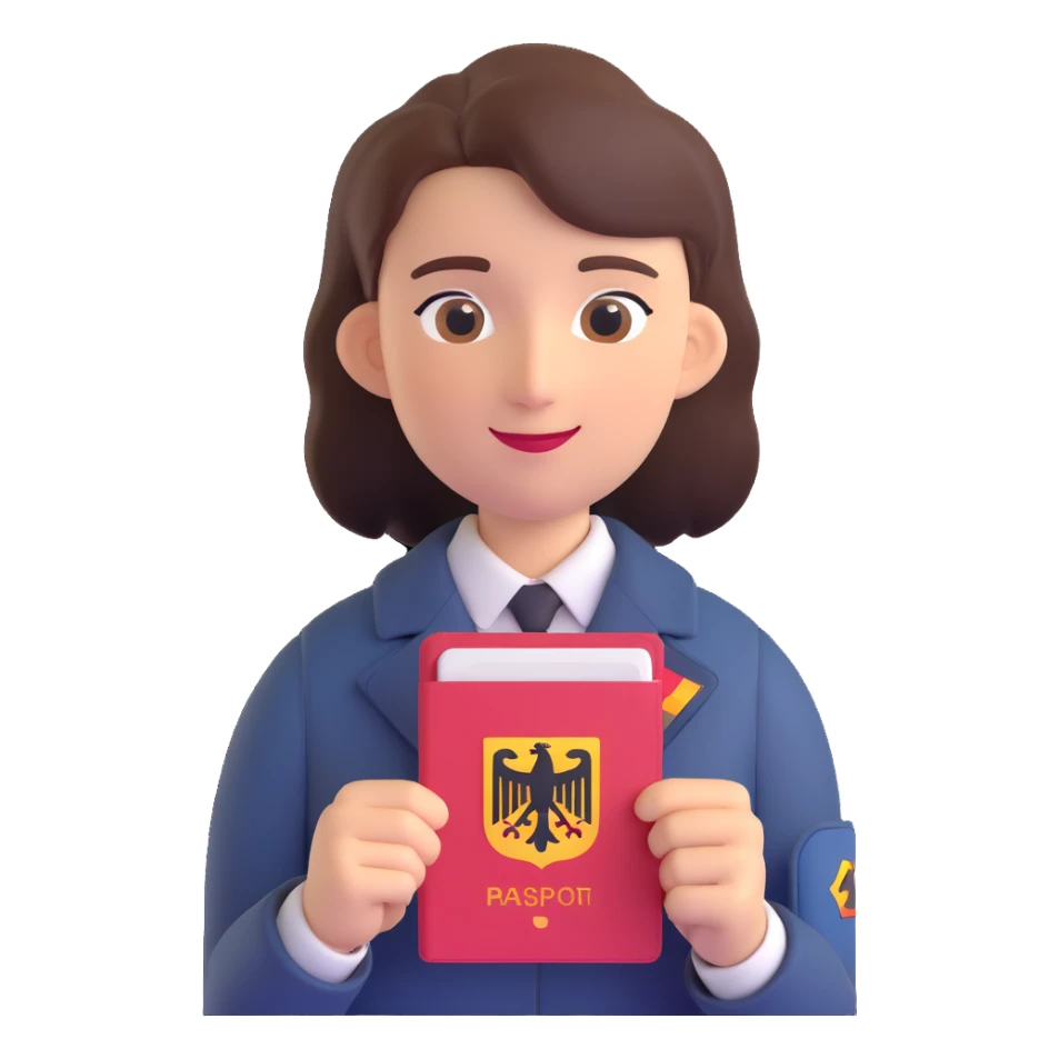 3D style universal gender-neutral ageless character holding a German passport, friendly and official, subtle German flag elements, mobile app icon for permanent residency or citizenship in Germany sticker