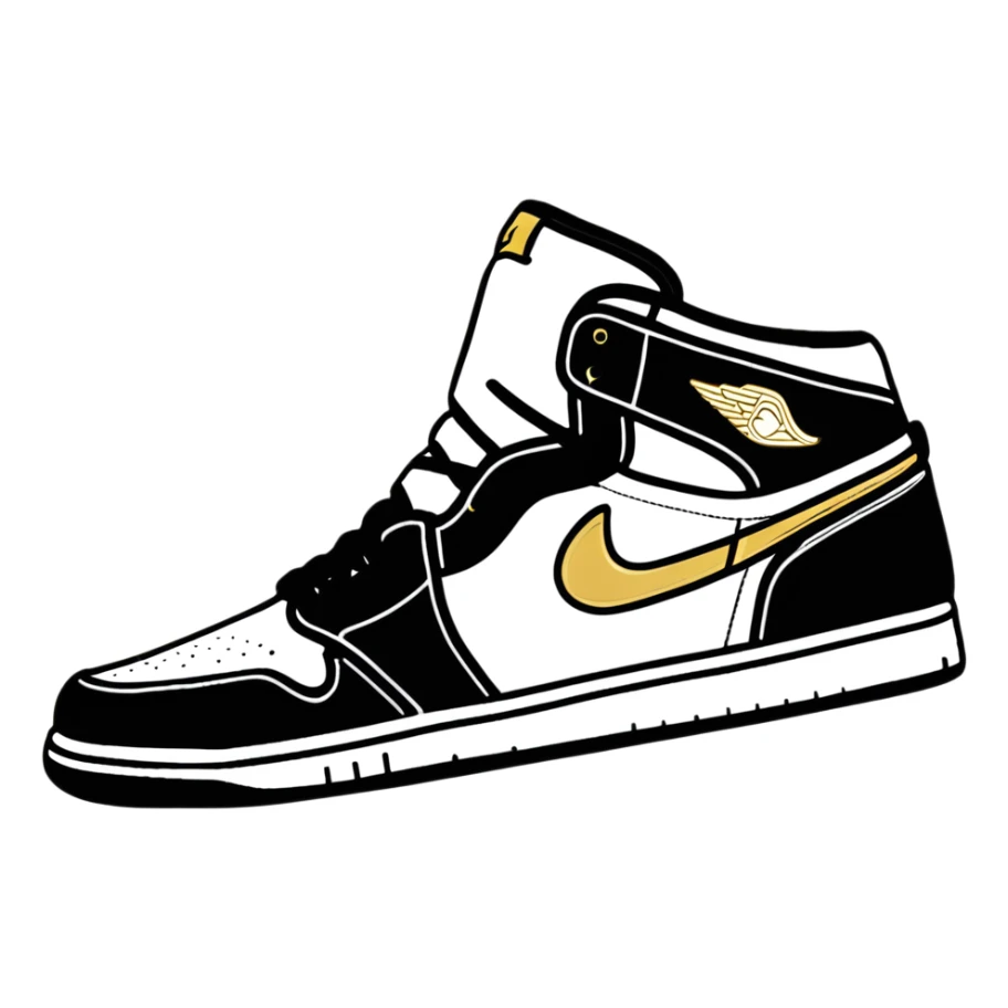Jordan 1 sneaker, all black with a metallic gold swoosh sticker