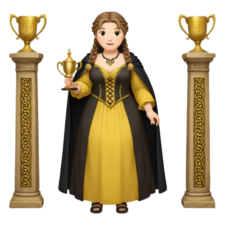 Helga Hufflepuff,brown-haired,2 braids,yellow-black medieval open dress,deep neckline,fat macromastia,black cloak decorated with gold braiding,gold cup with two handles,very kind smile,curvy busty,round rosy cheeks,full length with medieval shoes, inscription in pink heart says:"I love HELGA" sticker