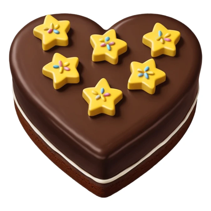 choclate cake heart with white icing on top in the shape of three u's, and yellow, teal, or green star sprinkles sticker