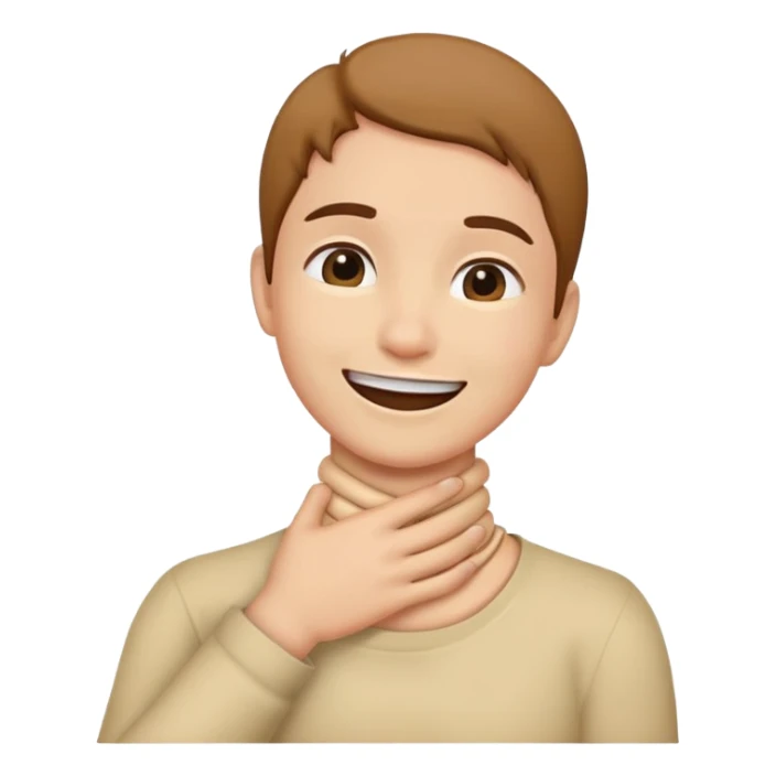 person holding their neck like choking with a smile sticker