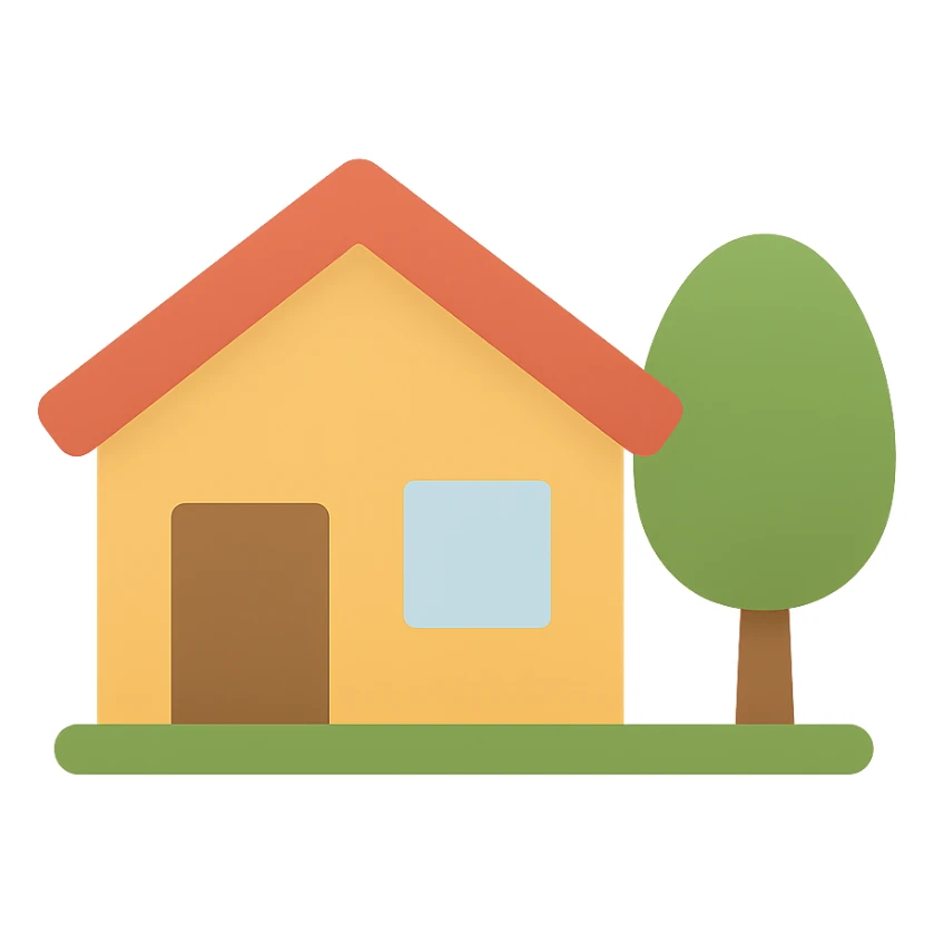 a cozy home with a tree beside it, modern flat color icon style sticker