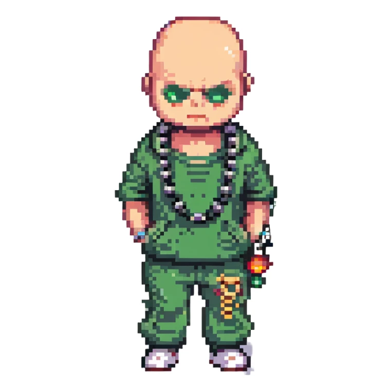 Pixel art thug in tracksuit, holding chain, bald head, angry expression, side view, retro arcade sprite
+ add the indicator to it "2020000" sticker