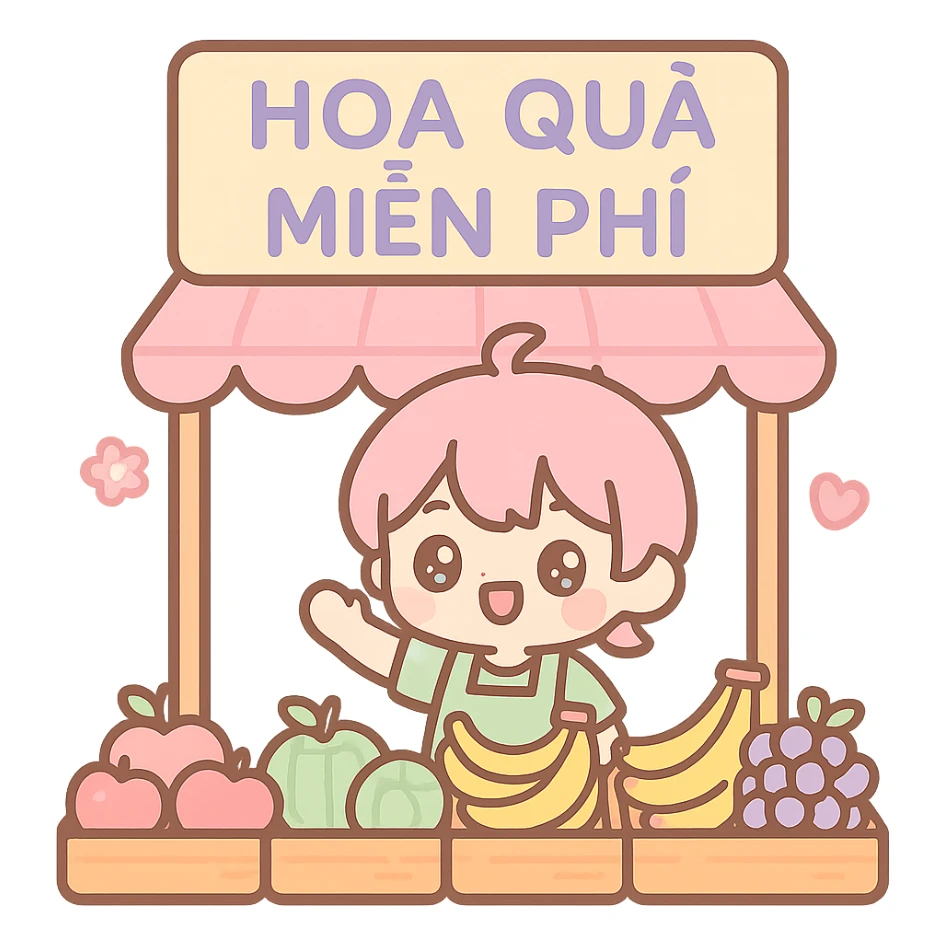 fruit vendor with different types of fruits on display, a sign that pops out and says 'hoa quả miễn phí', kawaii chibi anime style, flat pastel colors, thick outlines, simple cute features, transparent background sticker