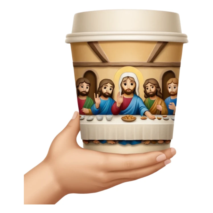 una mano con un bicchiere di carta con dipinto sopra l'ultima cena sticker