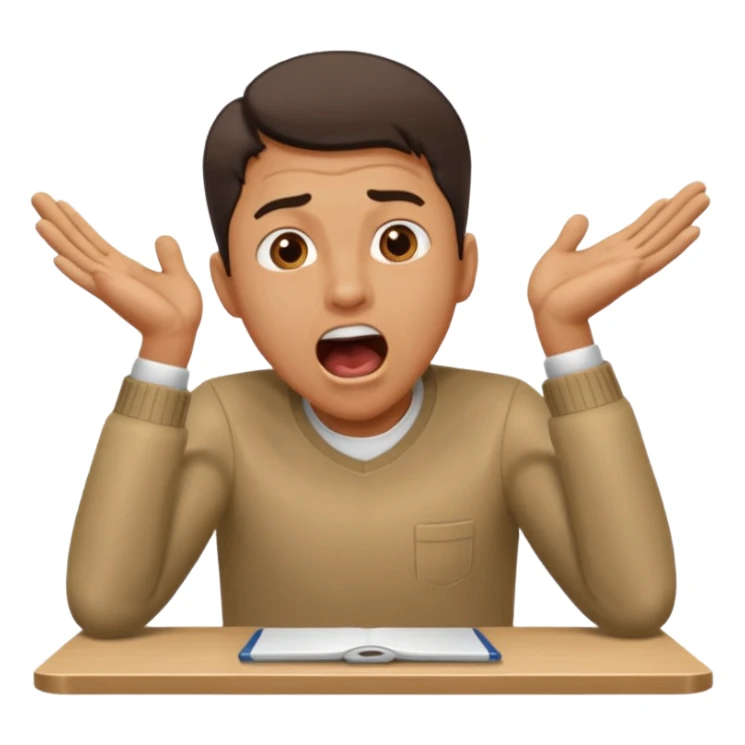 man at table, mouth open shouting, leaning in, hands on table, working sticker