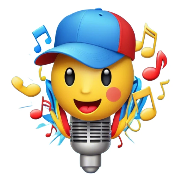 Create a dynamic and energetic emoji that represents beatboxing. The design should feature a microphone with a singing mouth and soundwaves or rhythmic beats emanating from it, symbolizing the vocal percussion and rhythm of beatboxing. Add a cap placed on top of the microphone to reflect street culture and the individuality of the performer. Include musical notes floating around to emphasize the musicality. Use bold, vibrant colors like neon blue, red, and yellow to convey energy and excitement. The background should be transparent. sticker
