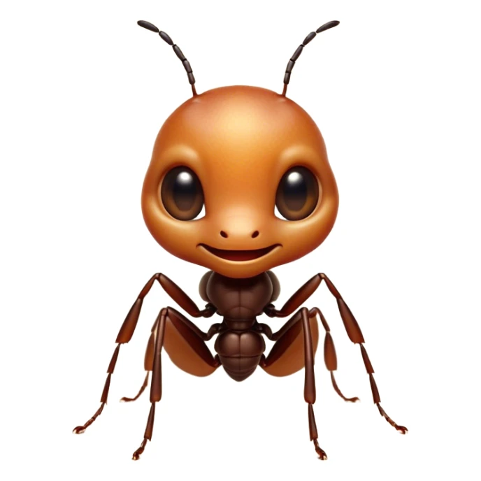 Cinematic Cute Ant Portrait Emoji, Head tilted playfully and inquisitively, featuring a minuscule, charming body with a delicately textured exoskeleton and round, sparkling eyes brimming with curious mischief, Simplified yet irresistibly adorable features, highly detailed, glowing with a warm, inviting earthy glow, high shine, affectionate and lively, stylized with a touch of whimsical industrious charm, soft glowing outline, capturing the essence of a mischievous ant that seems as if it could scurry out of the screen into your arms! sticker