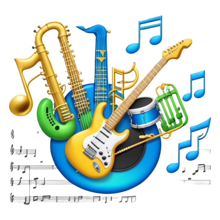 Create an artistic and vibrant emoji that represents music arrangement and orchestration. The design should feature musical notes, a synthesizer, drums, and an electric guitar, symbolizing the fusion of different instruments in an arrangement. Include subtle details like flowing lines to represent harmony between instruments, and integrate sheet music in the background. Use a dynamic mix of colors like electric blue, neon green, and gold to evoke both the classical and modern elements of music. The background should be transparent, with elements that show the blend of creativity and musical structure. sticker