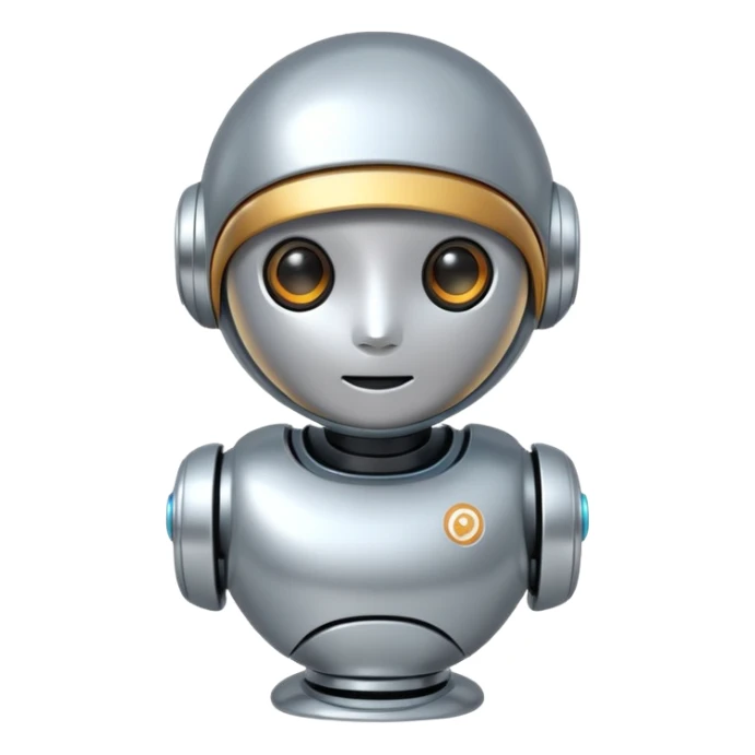 A cute futuristic robot emoji made of silver chrome, rounded friendly body, minimal facial features, glossy metallic surface, soft reflections, iOS emoji style, centered, clean white background sticker