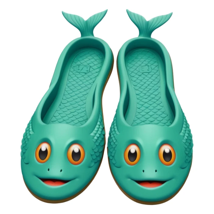 slightly green rubber pool slippers with carp eyes on the top and fish tail in the back sticker