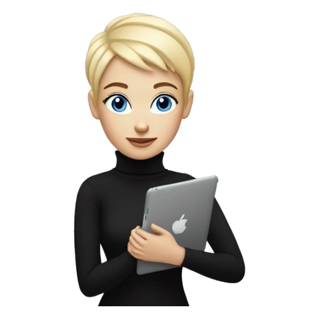 women with blond pixie cut, blue eyes wearing black turtleneck, holding and ipad sticker