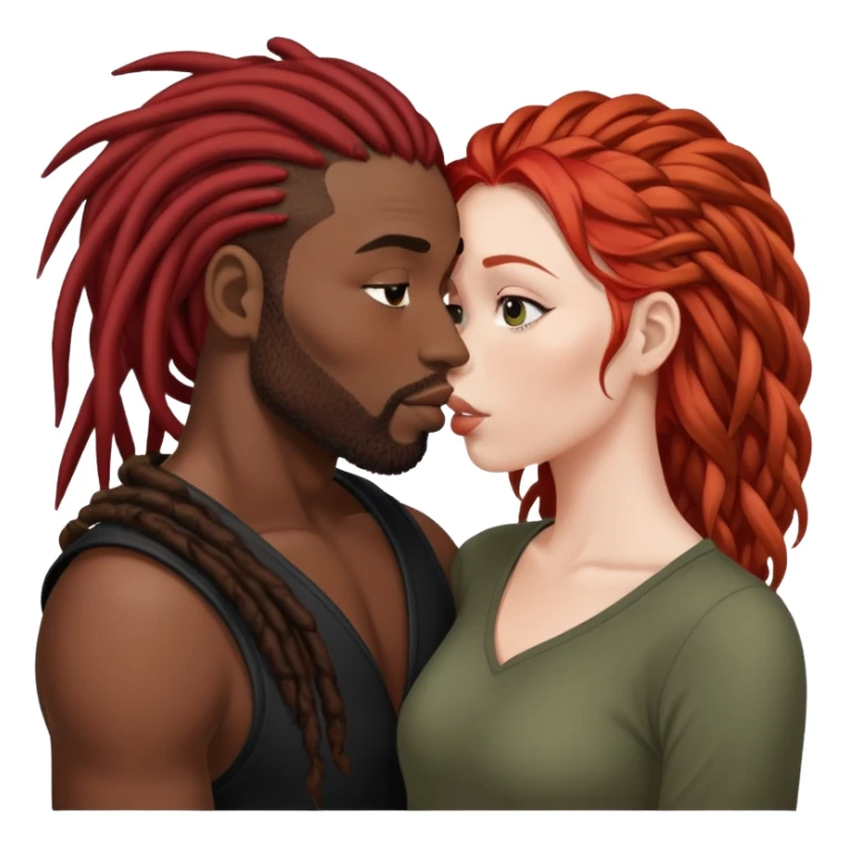 Mulher de cabelos ruivos e pele branca. O homem tem dreads nos cabelos e é negro. Ambos se beijando.  sticker