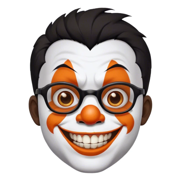 curious boy with black hair and brown eyes. He has a unibrow (one single thick eyebrow, which connects in the middle) and a short beard and is wearing glasses. On his face is white and orange juggalo clown face paint,  and massive grin, showing his broken front teeth sticker