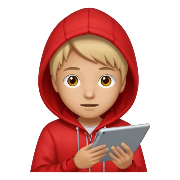 Teen gaming on tablet, red hoodie sticker