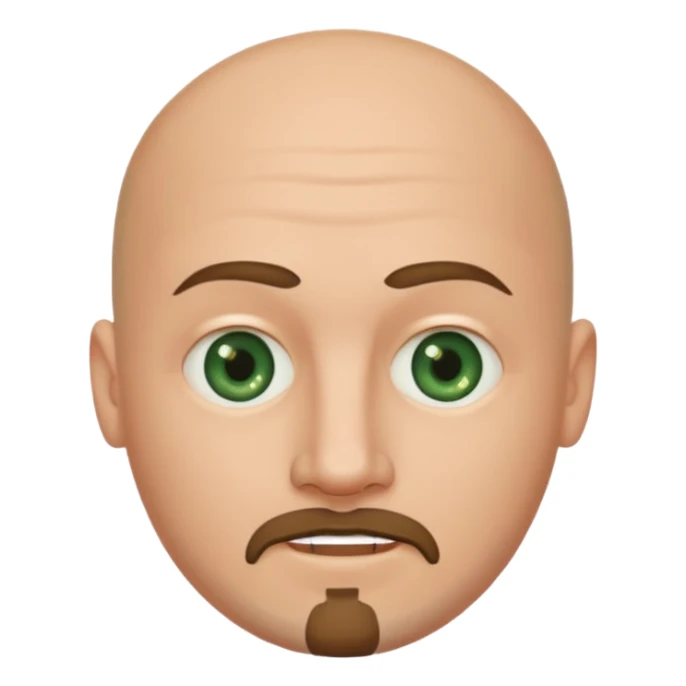 white caucasian bald man's face, with brown  round goatee and dark green eyes, oval face, rounded, big, little eyes a small smile,  sticker