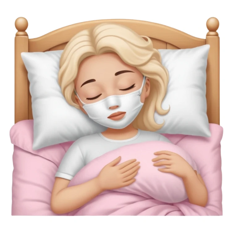 Girl sleeping peacefully with a white beauty face mask on, self care routine. baby pink bedding  sticker