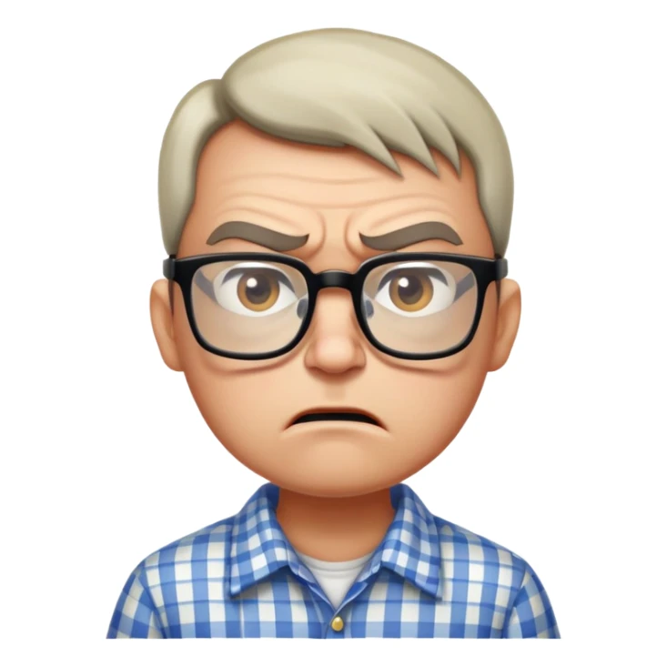 A rigid, tense person looking angry and slightly scared, wearing glasses and a checkered shirt sticker