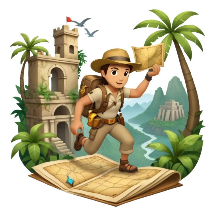 An icon featuring an adventurer in a dynamic action pose with treasure map, ancient ruins and jungle landscapes in the background. The design includes clues, hidden passages and climbing gear, symbolizing the thrill of exploration and discovery. Transparent background. sticker