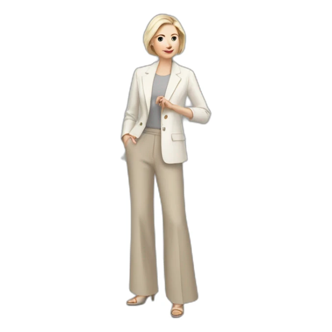 Full height Actively gesturing with hands pale skin woman with ash blonde Straightened bob Hair, White Spacious classical jacket, beige palazzo Arrow pants and gray blouse sticker