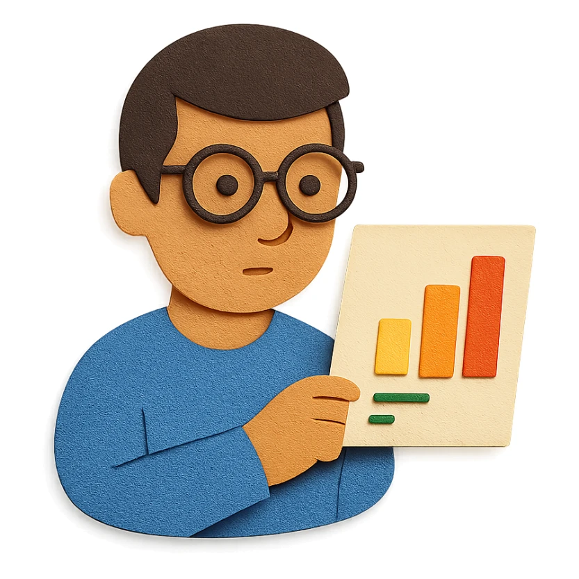 man wearing glasses and looking at data, paper craft style sticker