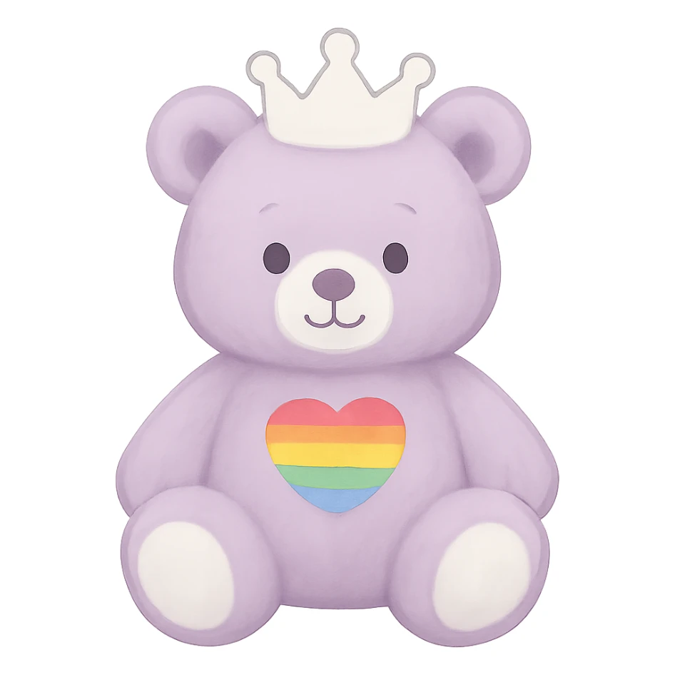 Change the crown to white on the purple and white teddy bear with a heart-shaped rainbow patch. Keep it soft and plush with no shadows and flat lighting. Remove the background. sticker